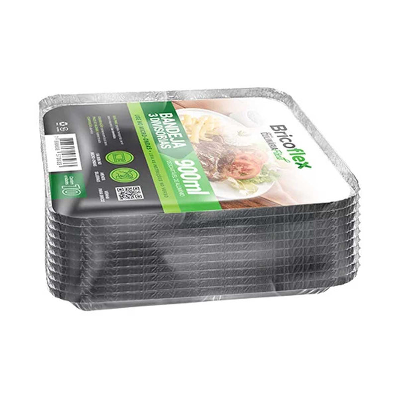 Bandeja de Alumínio 3 Divisões 900ml 100 Unidades Bricoflex